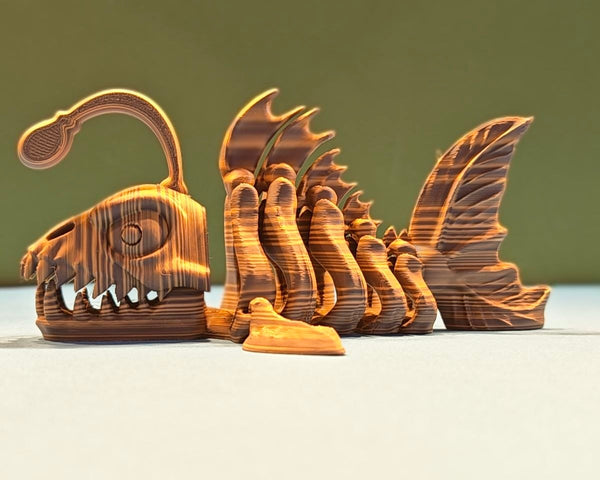 16cm articulated Anglerfish skeleton model side view with hinged jaw and lure