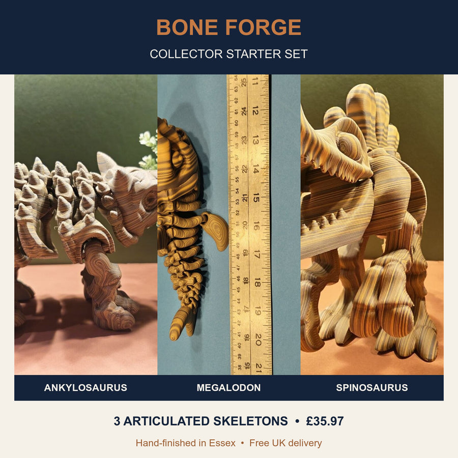 Bone Forge Collector Starter Set with articulated Ankylosaurus, Megalodon and Spinosaurus skeleton models