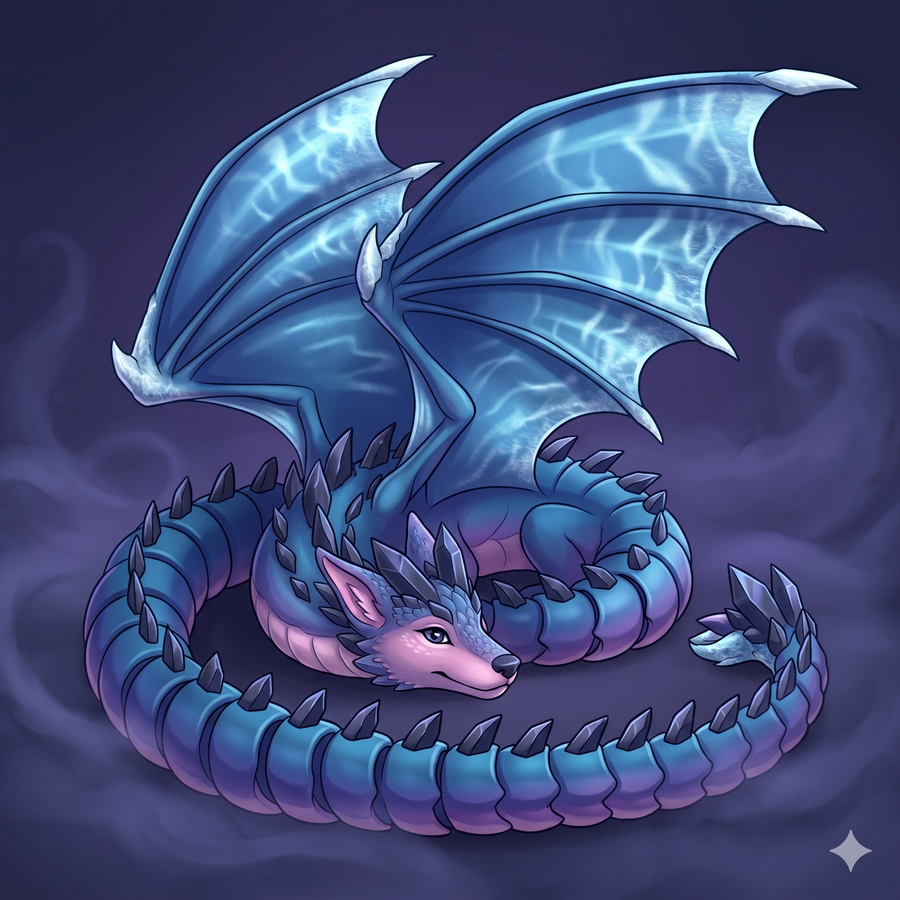 Full Nyssara wolf-dragon figure with twilight colours and crystal wing detail.