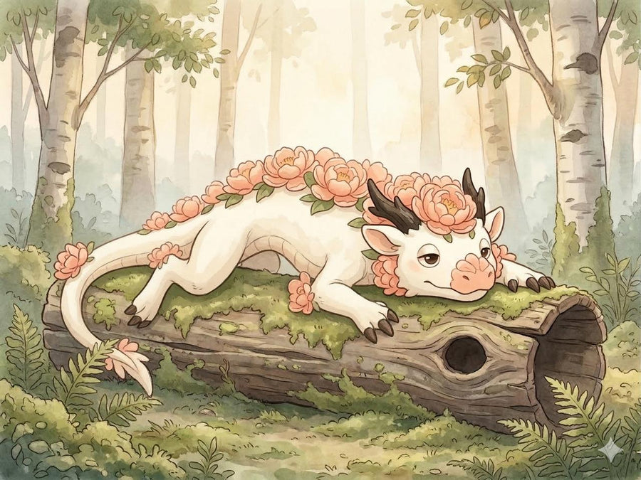 Floreth floral dragon ornament with cream, peach, bark brown, and moss green detail.
