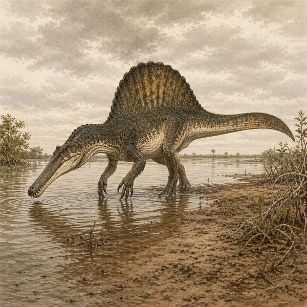 Spinosaurus Bone Forge skeleton model showing sail detail and full side profile.