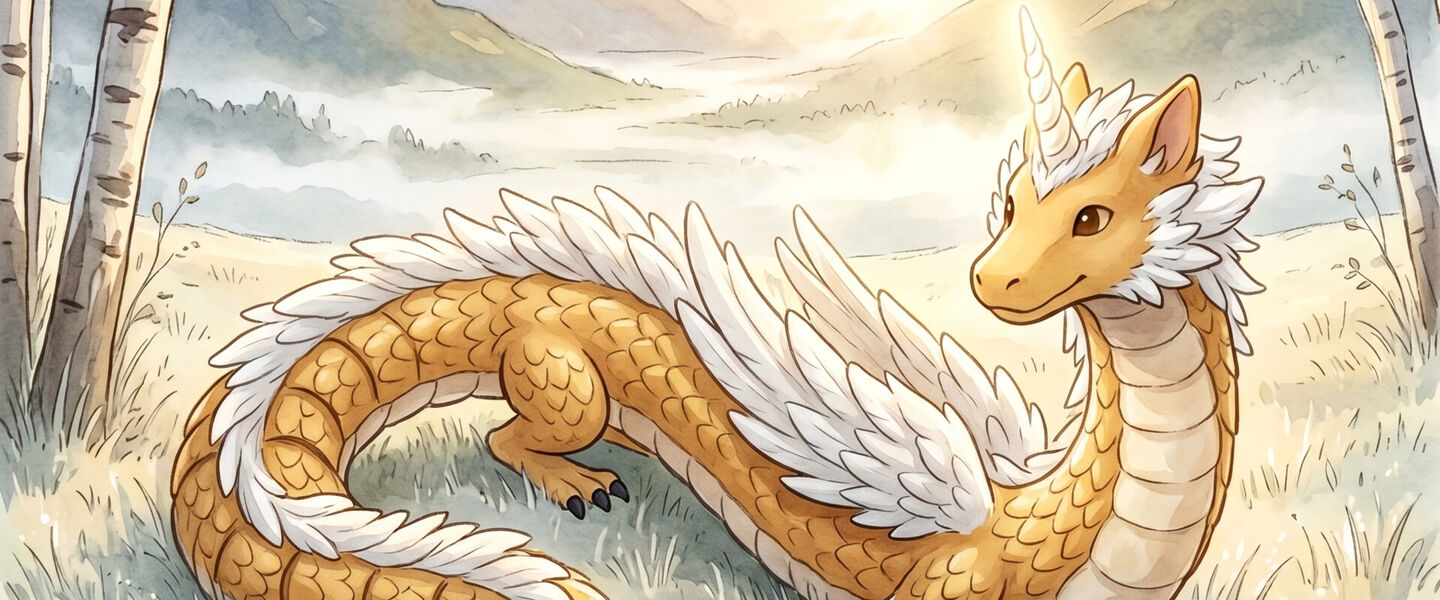 Illustration of Aelwyn, a golden dragon with white feathered crests and a spiralled horn, resting in a misty meadow at dawn