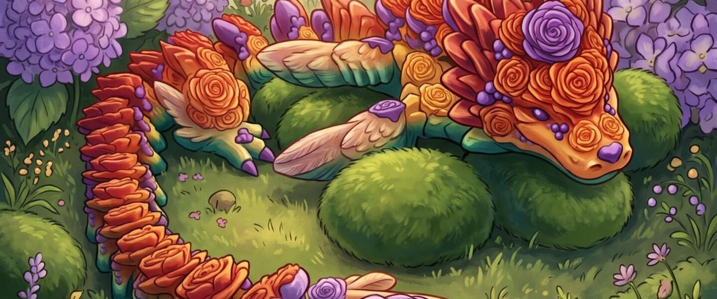 Illustration of Amoryn, a dragon covered in red, orange and purple roses, curled up asleep on mossy stones among hydrangeas