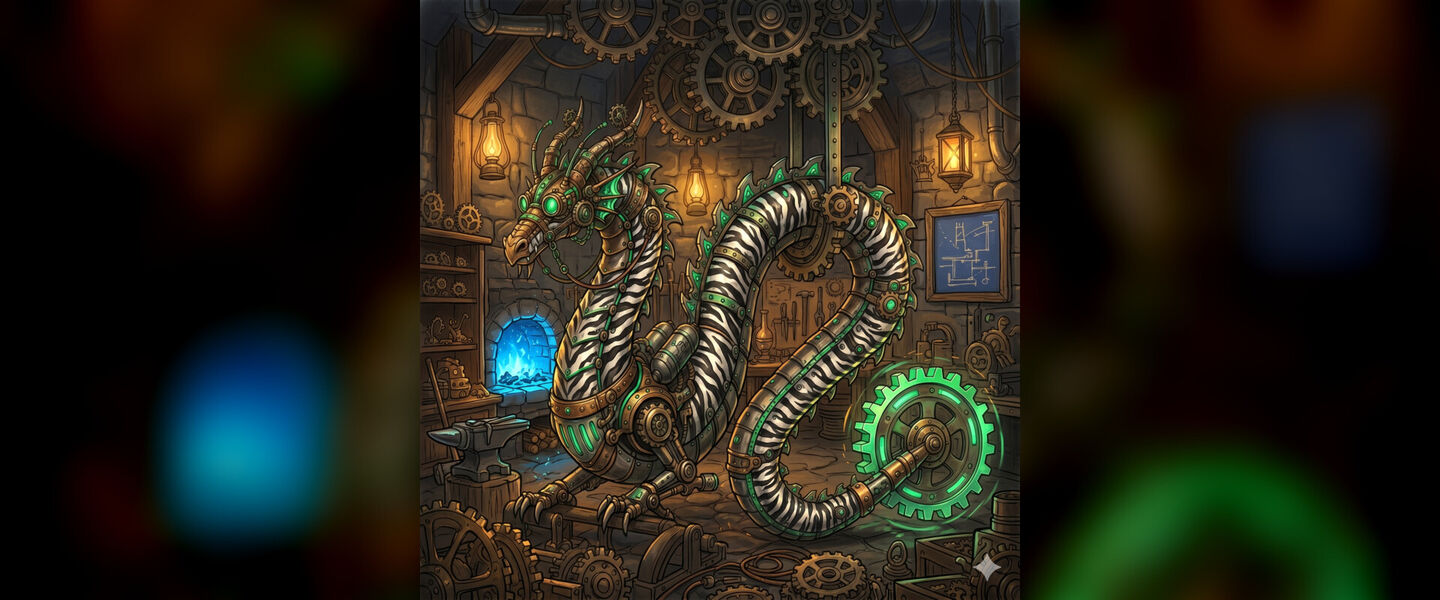 Illustration of Korreth, a striped metallic dragon with green gears along his body, coiled in a lamplit steampunk workshop