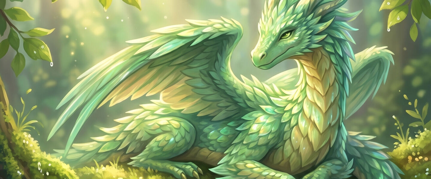 Illustration of Veradine, a green dragon with silky feathered scales and wings, resting in a sunlit mossy forest clearing