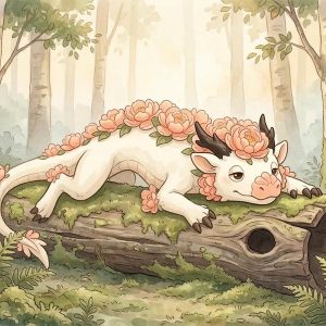 Floreth floral dragon ornament with cream, peach, bark brown, and moss green detail.